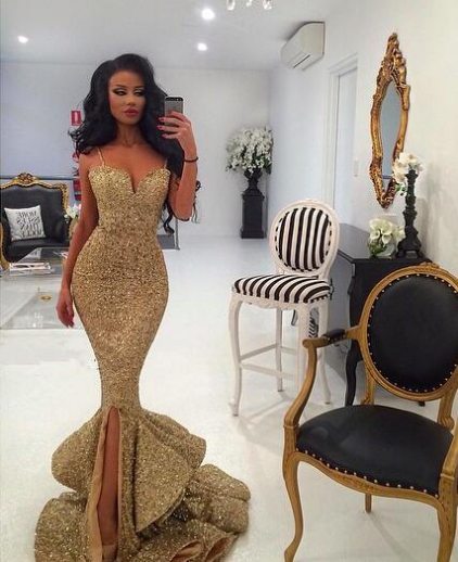 gold prom dress with train