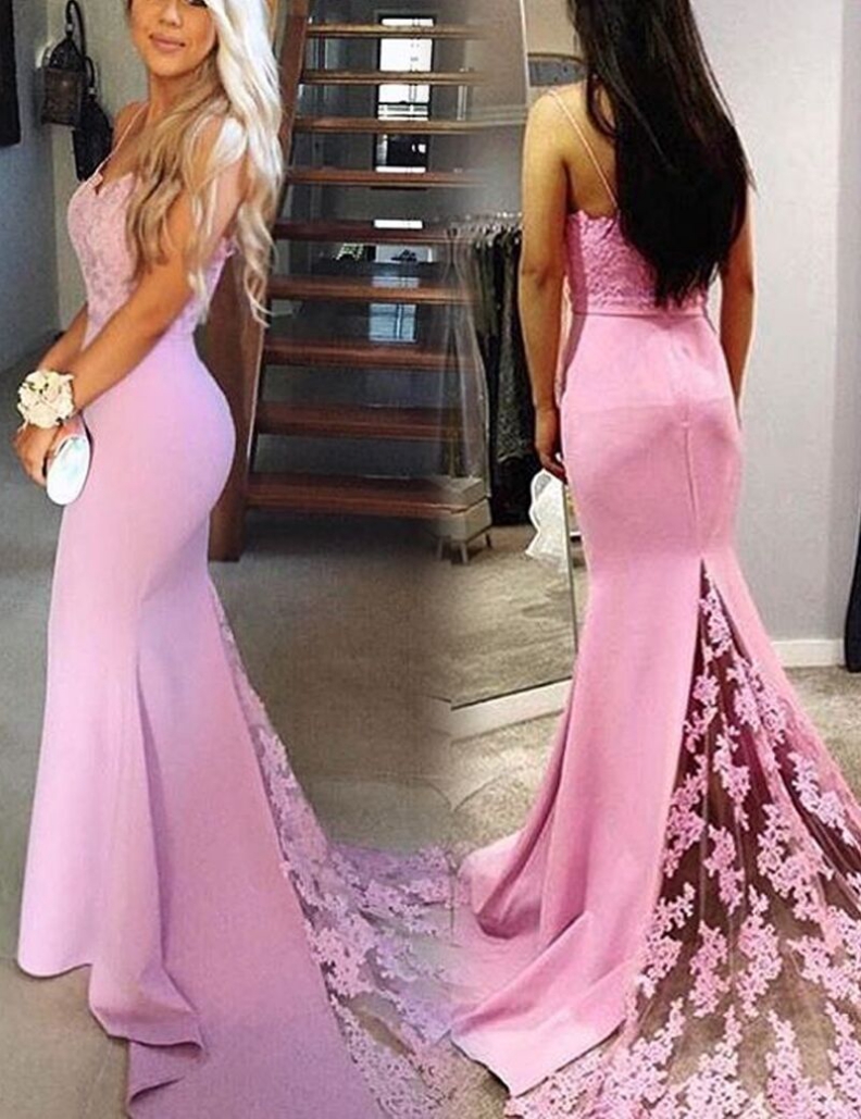 Gorgeous Pink Sweetheart Prom Dress, Mermaid Formal Gown With Lace Sweep Train